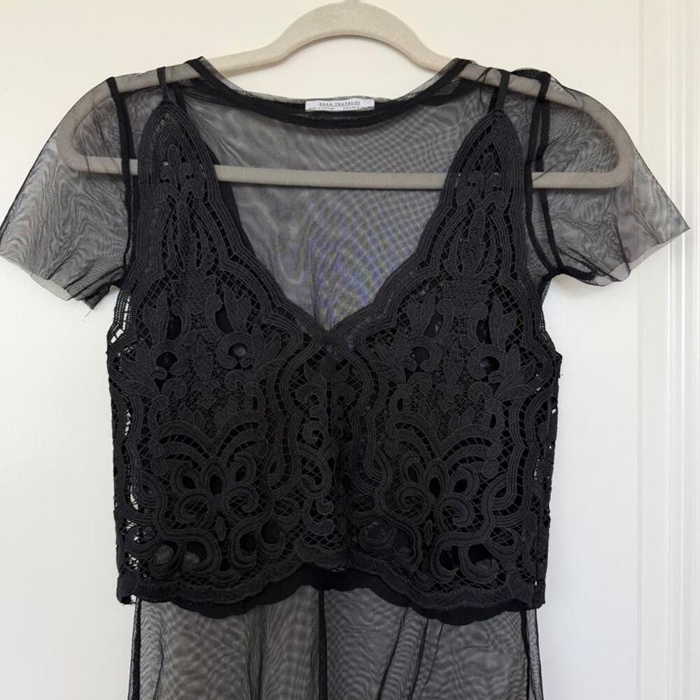 Zara Women's Black Lace Floral Embroidery Crop Top Size S - Picture 2 of 7